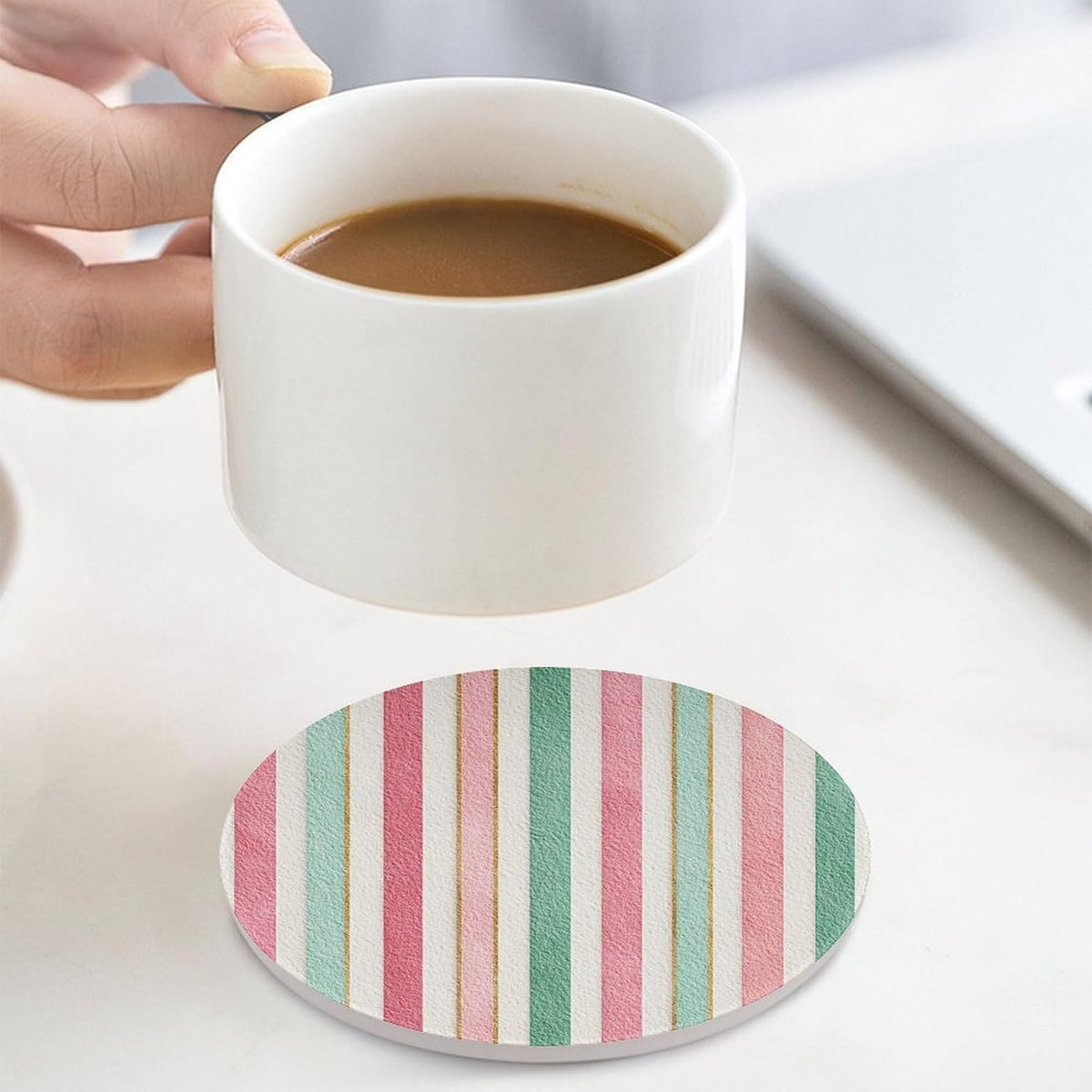 Tiny Stripe Pattern in Pink Aqua Cream Blue Coasters Set of 4 Absorbent Coasters