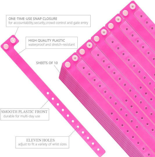 Plastic Wristbands Neon Pink 100 Pack, Viny Wristbands for Events