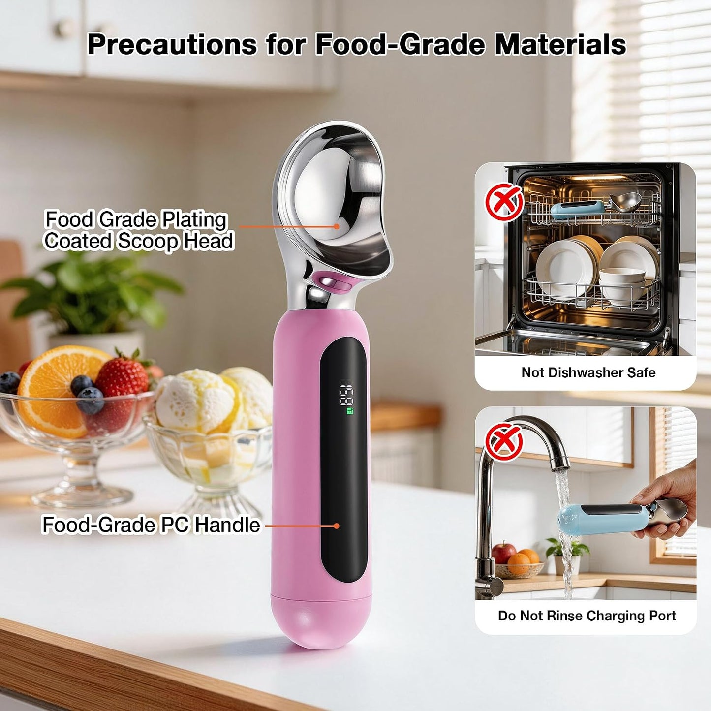 Heated Ice Cream Scoop, Rechargeable Electric Ice Cream Scoop (Pink)