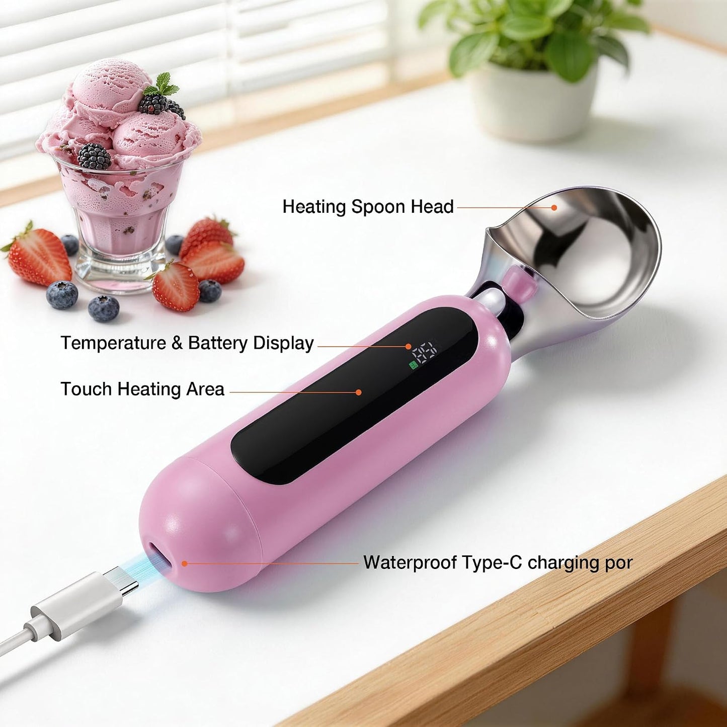 Heated Ice Cream Scoop, Rechargeable Electric Ice Cream Scoop (Pink)