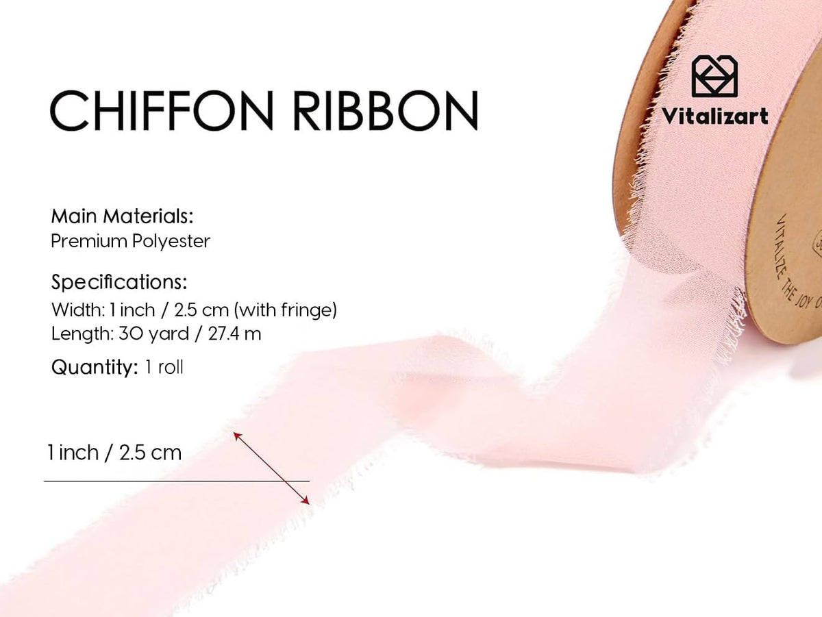 1" x 30Yd Pink Chiffon Ribbon Silk Handmade Frayed Fringe