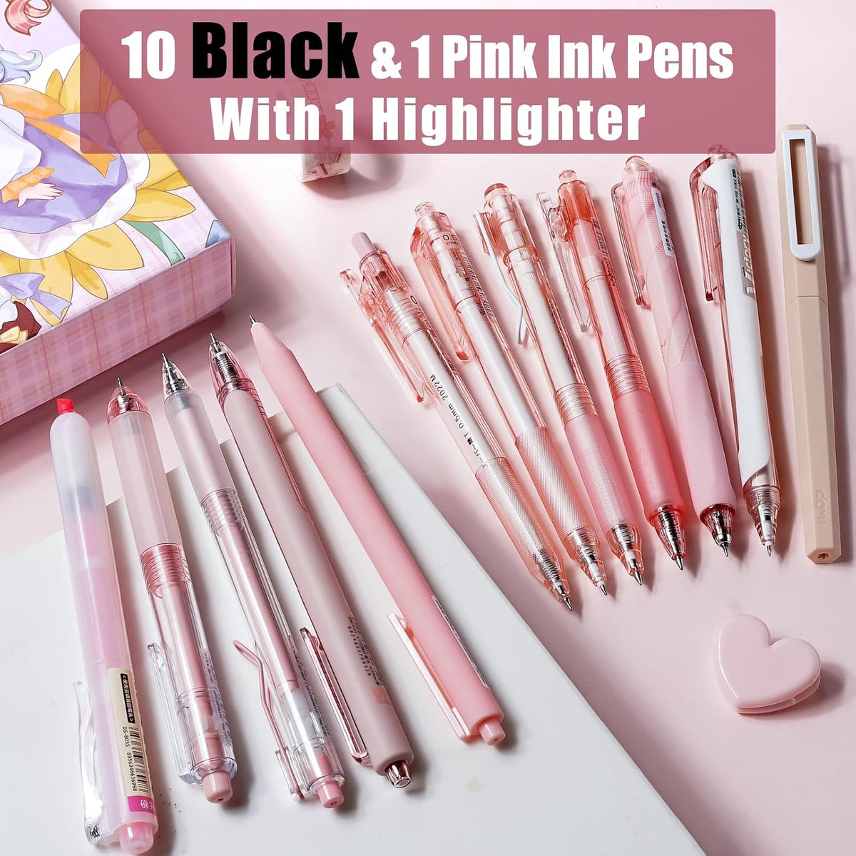 Rose Gel Pens, Pink & Black Ink, 0.5mm, 12 Count