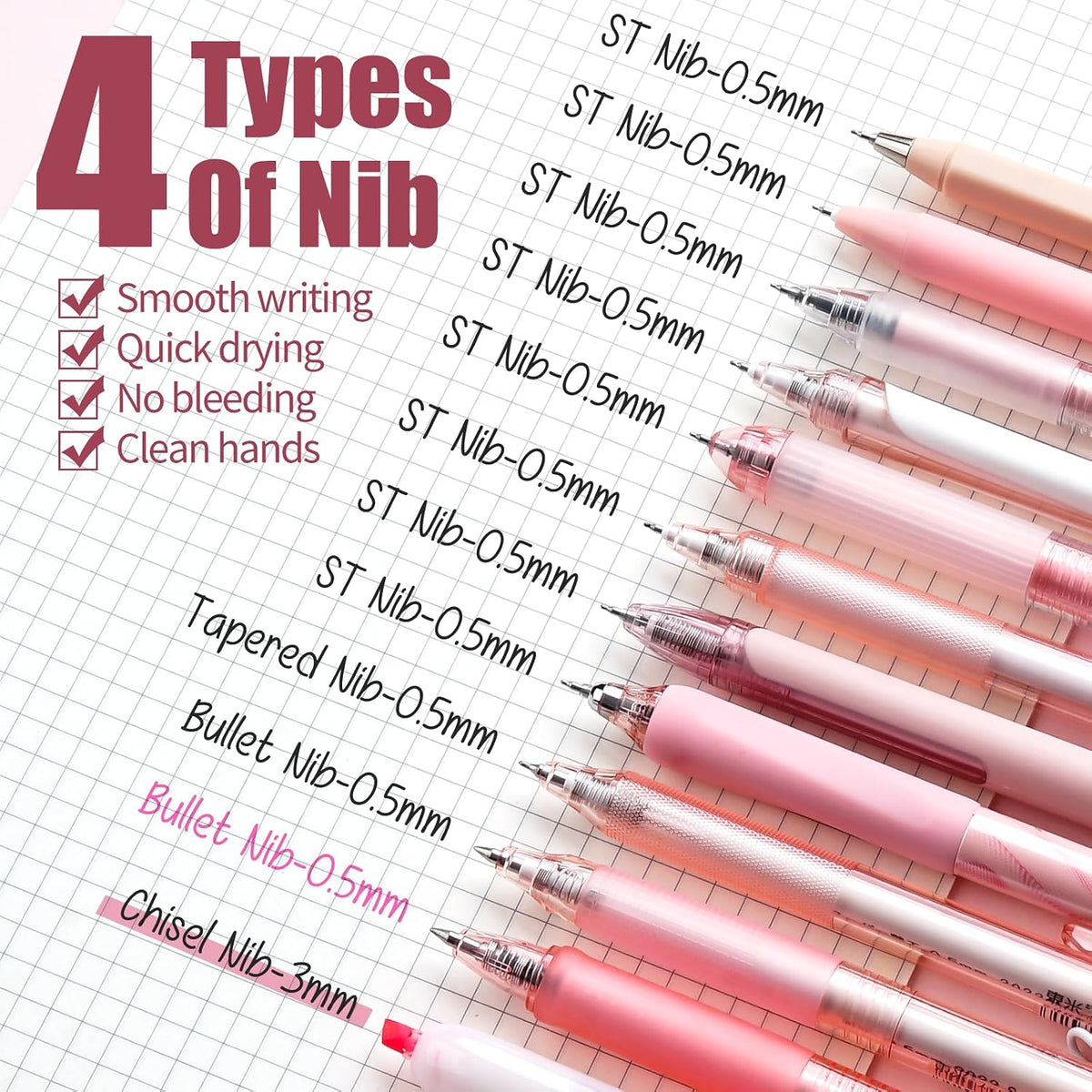 Rose Gel Pens, Pink & Black Ink, 0.5mm, 12 Count