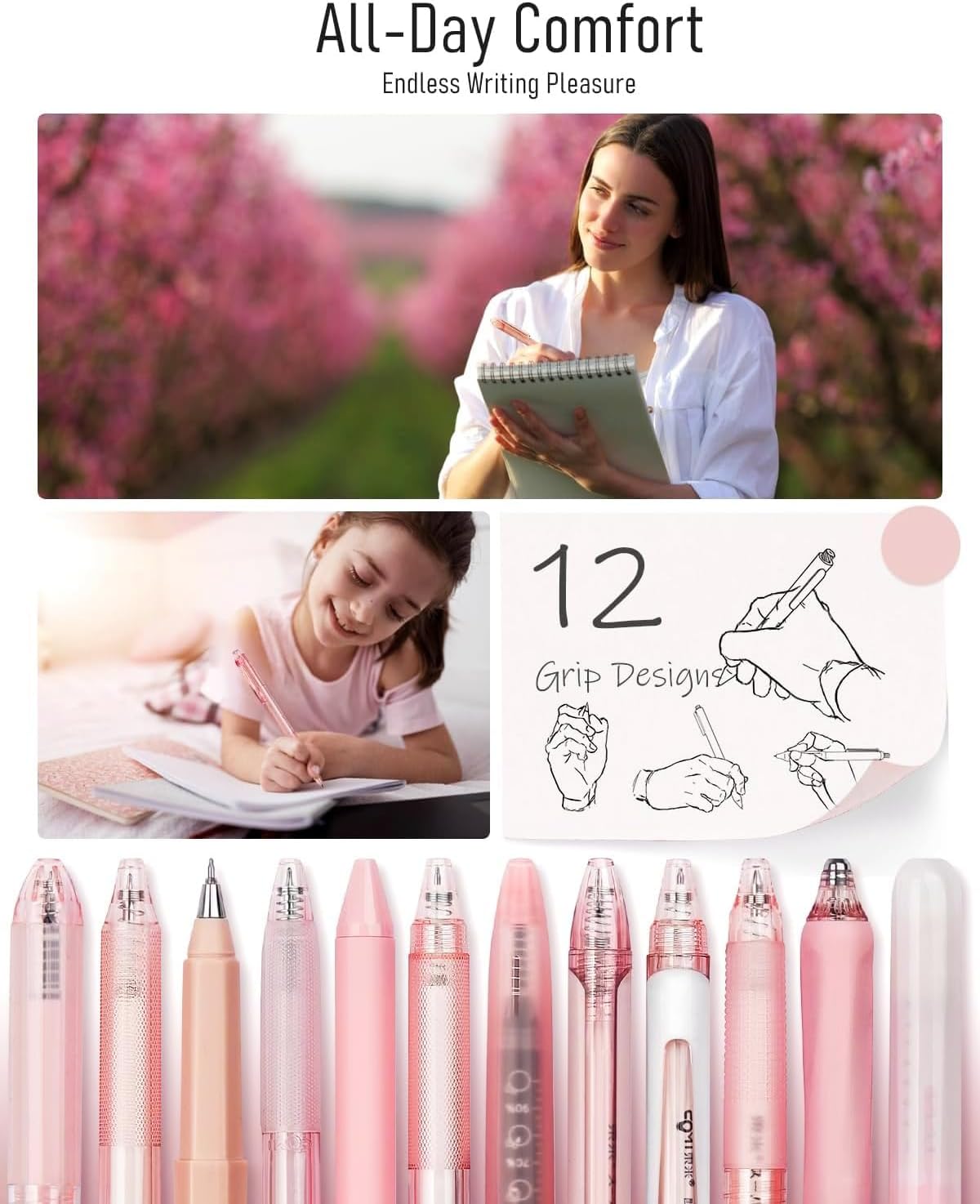 Rose Gel Pens, Pink & Black Ink, 0.5mm, 12 Count