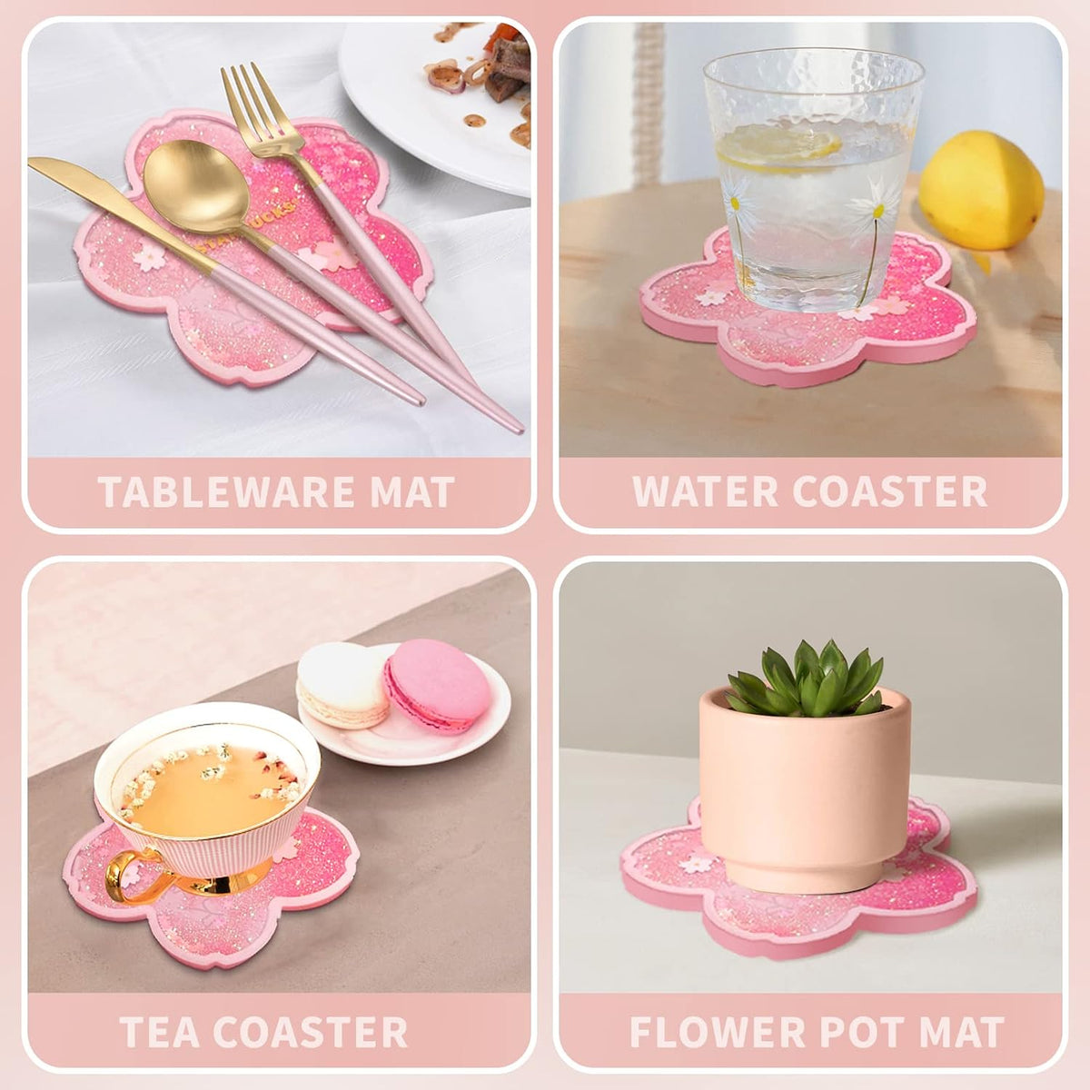2pcs Sakura Coasters,Non-Slip Insulation Acrylic Coaster, Funny Coasters,Cute Cherry Blossom Decor,Gift for Girlfriend Women Kids Wife (Pink)