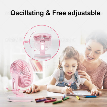 Small Desk Fan With Night Light, Auto Oscillating Table Fan With 3000mAh Rechargeable Battery, USB Personal Fan With 4 Speeds Wind, Adjustable Fan For Home, Office Bedroom, Camping (pink)