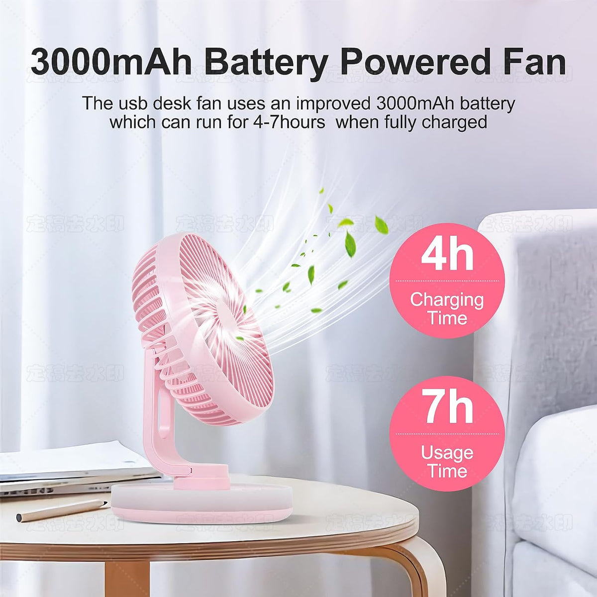 Small Desk Fan With Night Light, Auto Oscillating Table Fan With 3000mAh Rechargeable Battery, USB Personal Fan With 4 Speeds Wind, Adjustable Fan For Home, Office Bedroom, Camping (pink)