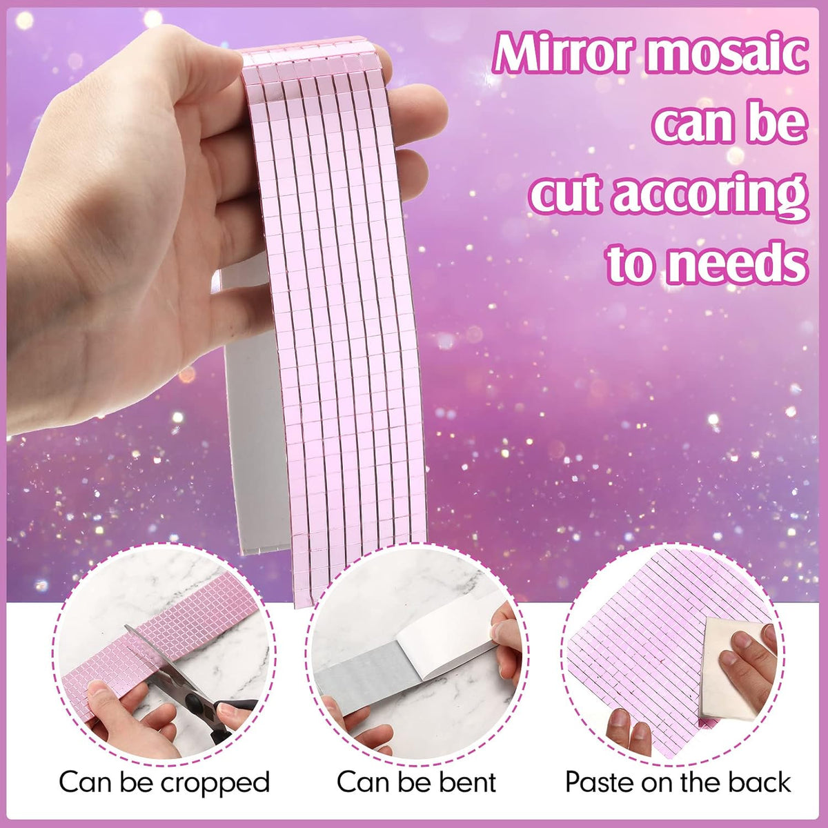 23040 Pcs Self Adhesive Mosaic Tiles Small Square Disco Glass Mirror Tiles Bling Ball Disco Ball Stickers for DIY Craft Decoration Living Room Accessory, 5 x 5 mm(Pink)