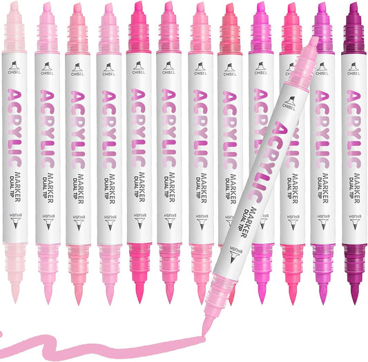 Pink Acrylic Paint Pens, Water Based 12 Colors Dual Tip