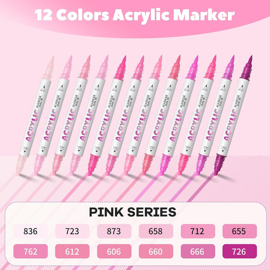 Pink Acrylic Paint Pens, Water Based 12 Colors Dual Tip