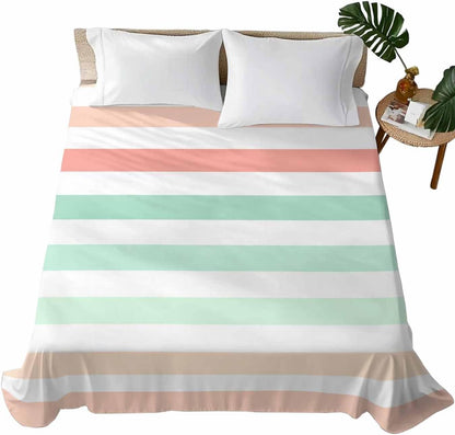 Twin Flat Sheet, Peach Pink Green Ombre Twin Bed Sheets Only, Soft Microfiber Flat Sheet, Farmhouse Stripe Modern Hotel Quality Bedding Top Sheet Bedroom Home Dorm Decor
