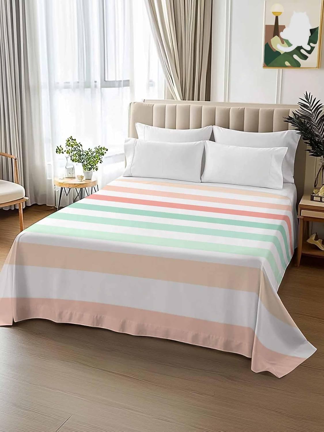 Twin Flat Sheet, Peach Pink Green Ombre Twin Bed Sheets Only, Soft Microfiber Flat Sheet, Farmhouse Stripe Modern Hotel Quality Bedding Top Sheet Bedroom Home Dorm Decor
