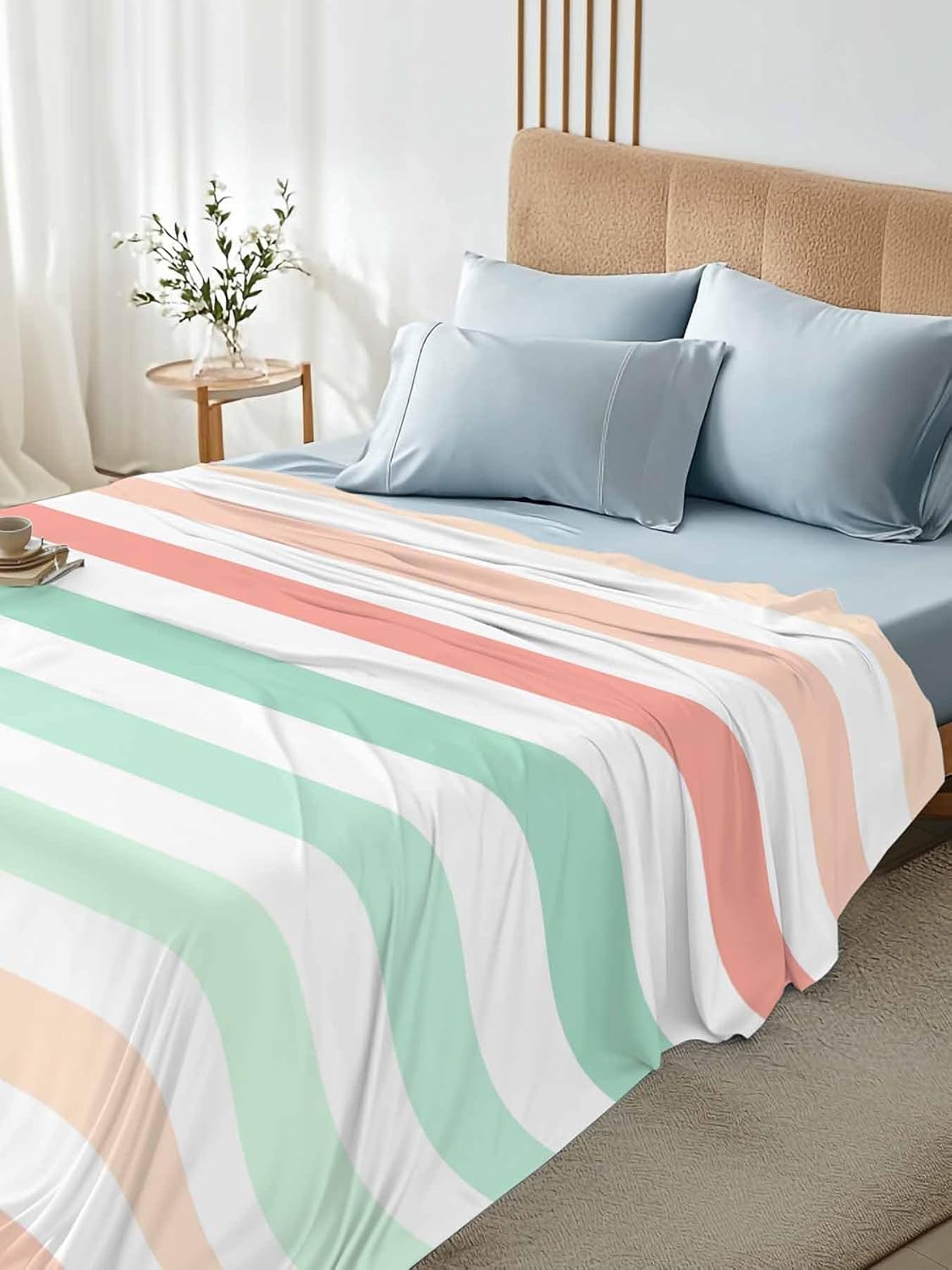 Twin Flat Sheet, Peach Pink Green Ombre Twin Bed Sheets Only, Soft Microfiber Flat Sheet, Farmhouse Stripe Modern Hotel Quality Bedding Top Sheet Bedroom Home Dorm Decor