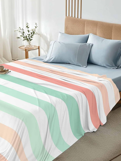 Twin Flat Sheet, Peach Pink Green Ombre Twin Bed Sheets Only, Soft Microfiber Flat Sheet, Farmhouse Stripe Modern Hotel Quality Bedding Top Sheet Bedroom Home Dorm Decor