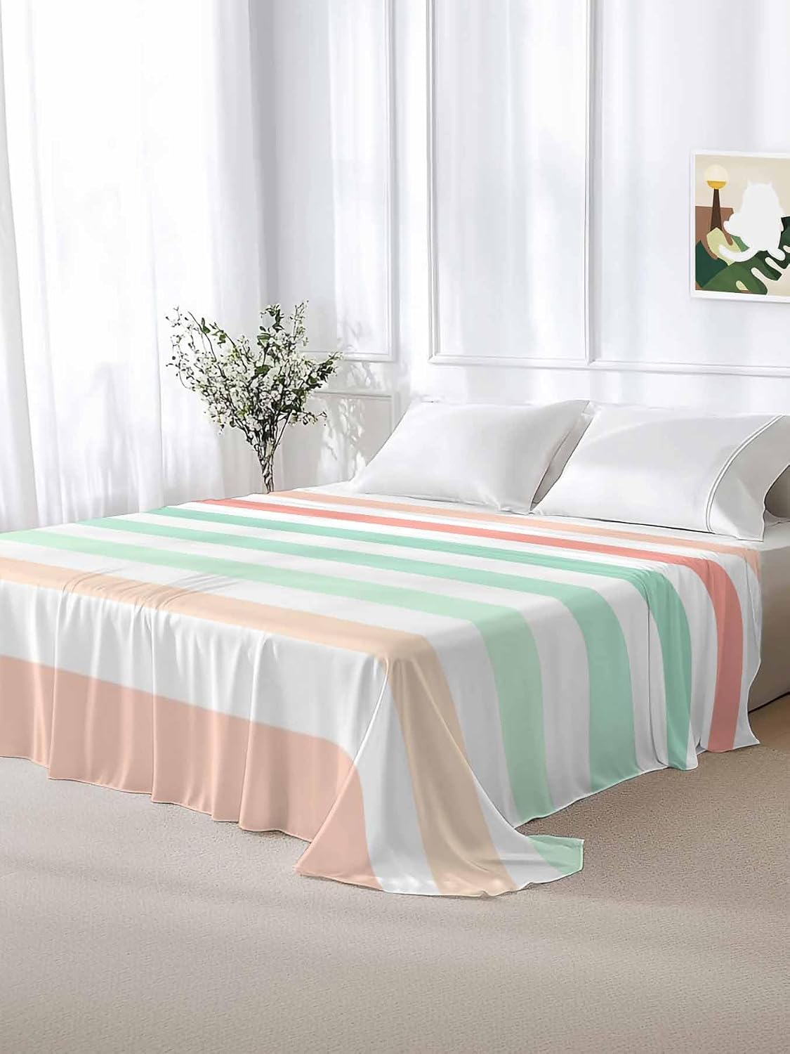 Twin Flat Sheet, Peach Pink Green Ombre Twin Bed Sheets Only, Soft Microfiber Flat Sheet, Farmhouse Stripe Modern Hotel Quality Bedding Top Sheet Bedroom Home Dorm Decor