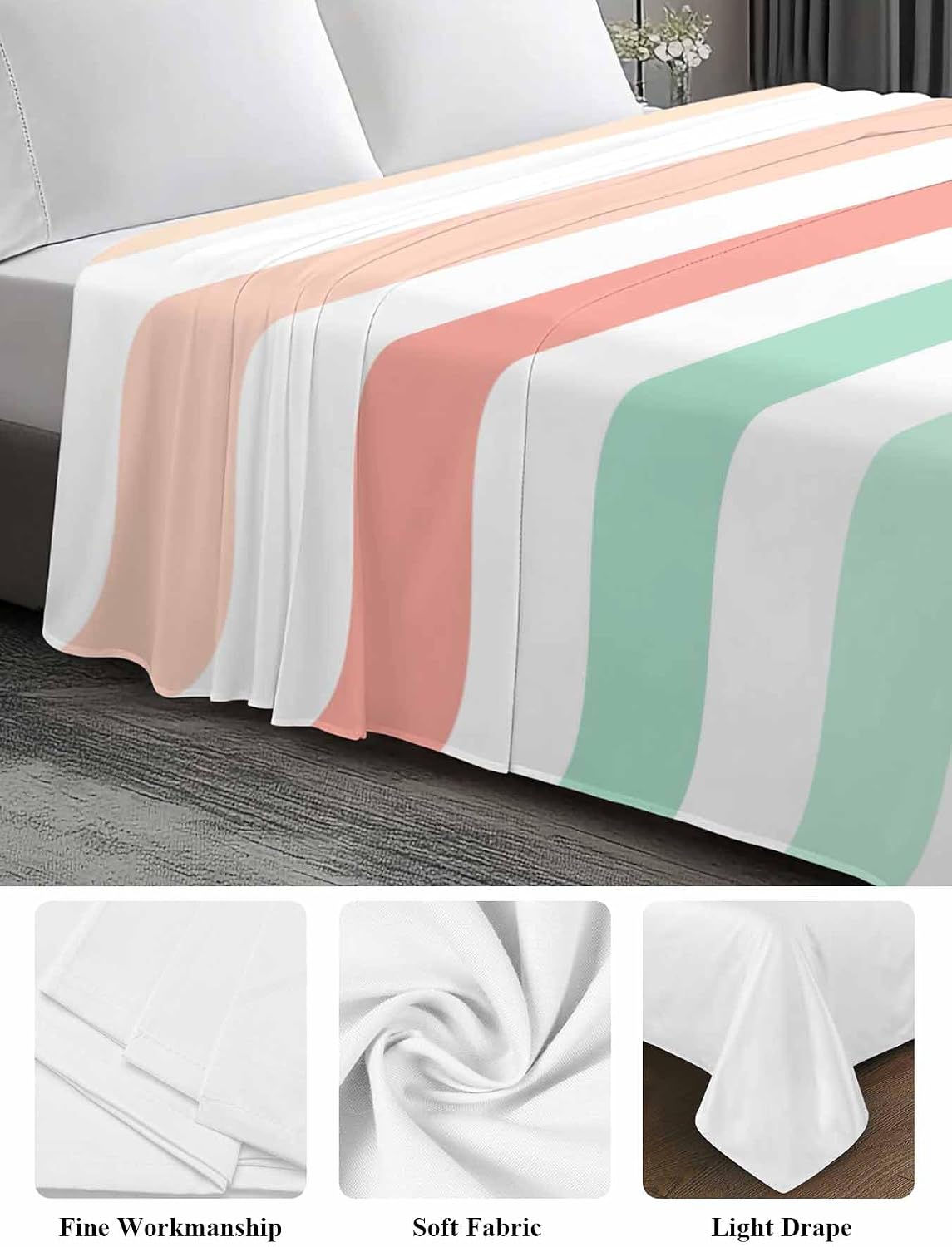 Twin Flat Sheet, Peach Pink Green Ombre Twin Bed Sheets Only, Soft Microfiber Flat Sheet, Farmhouse Stripe Modern Hotel Quality Bedding Top Sheet Bedroom Home Dorm Decor