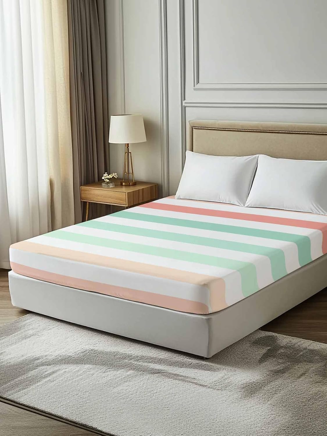 Twin Flat Sheet, Peach Pink Green Ombre Twin Bed Sheets Only, Soft Microfiber Flat Sheet, Farmhouse Stripe Modern Hotel Quality Bedding Top Sheet Bedroom Home Dorm Decor