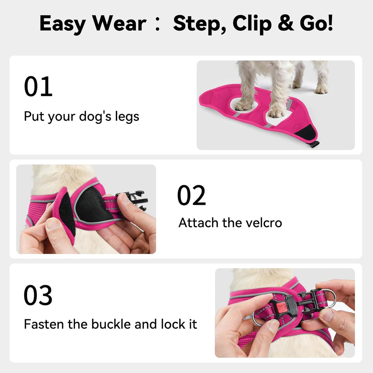 Step-in Dog Harness, Soft Breathable Mesh, Hot Pink L