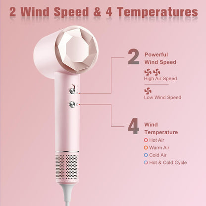 Hair Dryer, 110000 RPM High Speed Professional Hair Dryer, 2 Speeds and 4 Wind Temperatures, Fast Drying & Conditioning Hair Blow Dryer with Magnetic Nozzle for Home Travel Salon (Pink)