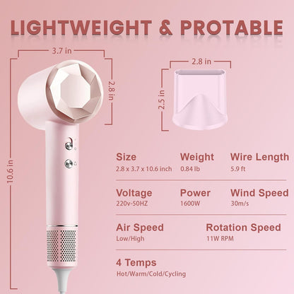 Hair Dryer, 110000 RPM High Speed Professional Hair Dryer, 2 Speeds and 4 Wind Temperatures, Fast Drying & Conditioning Hair Blow Dryer with Magnetic Nozzle for Home Travel Salon (Pink)