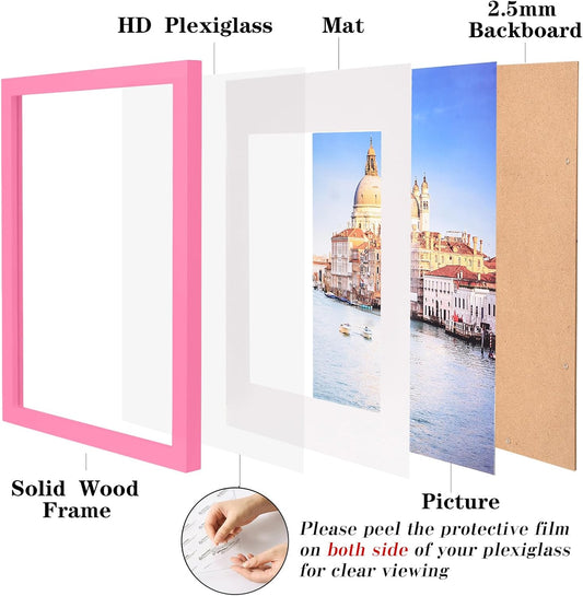 11x14 Picture Frame Made of Solid Wood Pink Photo Frames Display Pictures 8x10 with Mat or 11x14 Without Mat Colorful Frame Horizontal and Vertical for Wall