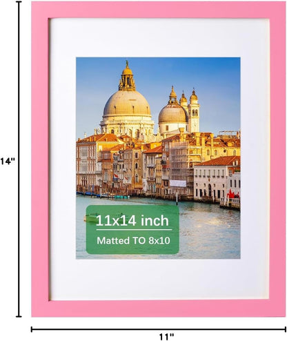 11x14 Picture Frame Made of Solid Wood Pink Photo Frames Display Pictures 8x10 with Mat or 11x14 Without Mat Colorful Frame Horizontal and Vertical for Wall