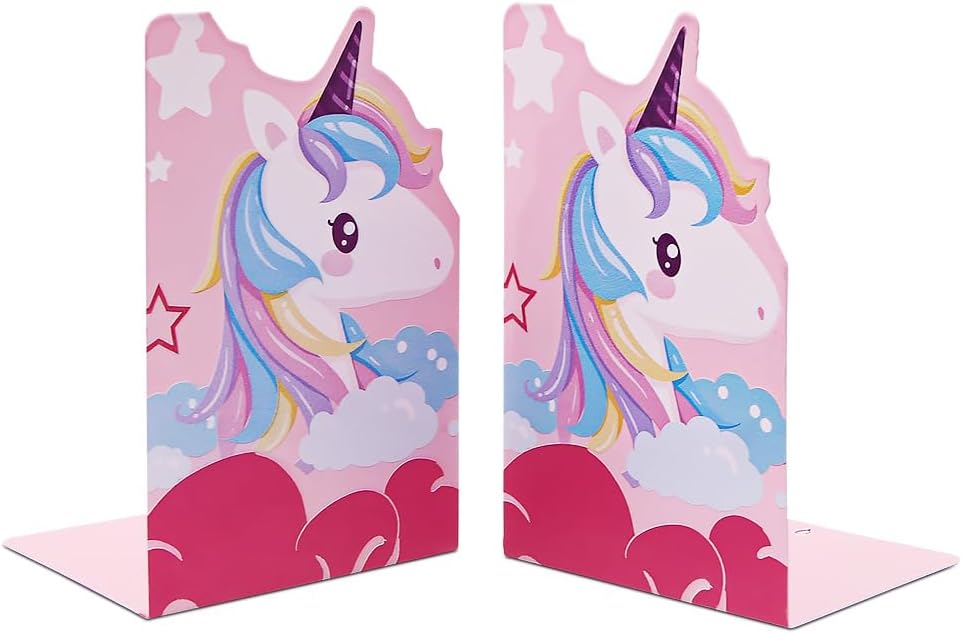 Cute Unicorn Bookends Metal Book Ends for Kids,Unicorn Book Ends Boys Girl Bookends Office School Decoration Bookshelf Book Organizer for Christmas Birthday Teacher Study Gift (Pink)