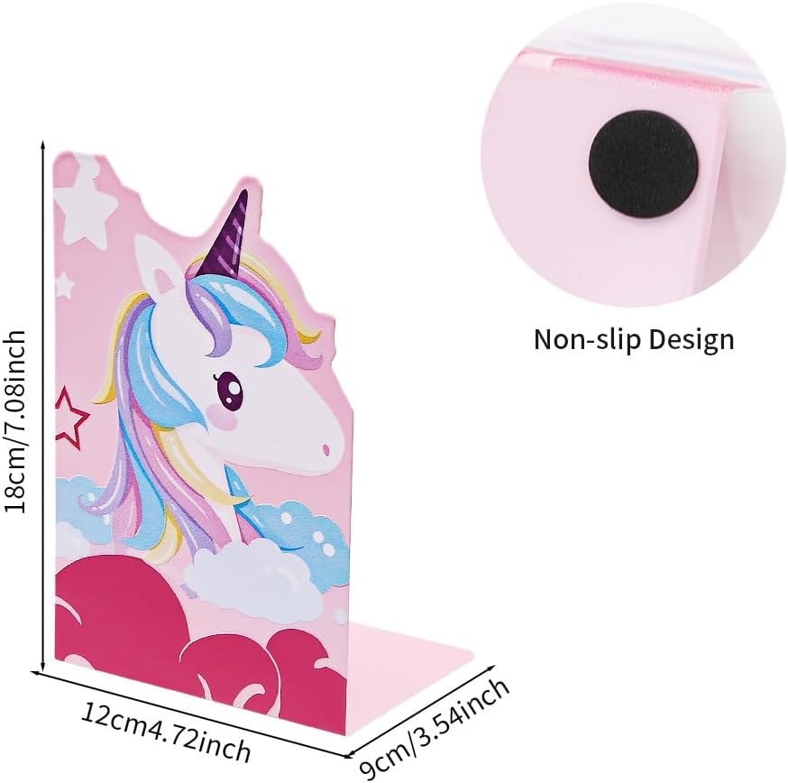 Cute Unicorn Bookends Metal Book Ends for Kids,Unicorn Book Ends Boys Girl Bookends Office School Decoration Bookshelf Book Organizer for Christmas Birthday Teacher Study Gift (Pink)