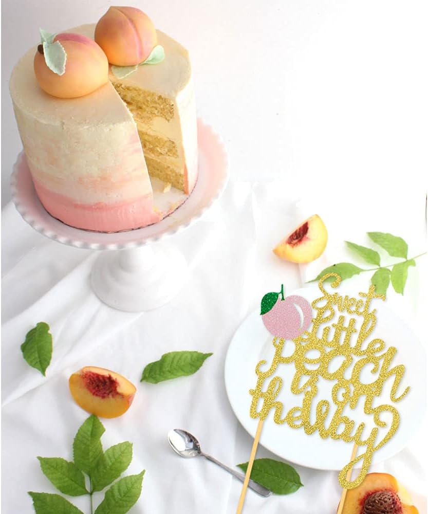 Glitter Peach Cake Topper, Sweet Little Peach is on The Way - Cake Picks for Peach Birthday Party Decorations Baby Shower