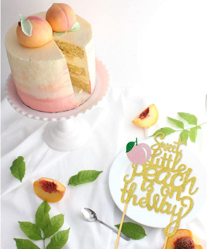 Glitter Peach Cake Topper, Sweet Little Peach is on The Way - Cake Picks for Peach Birthday Party Decorations Baby Shower