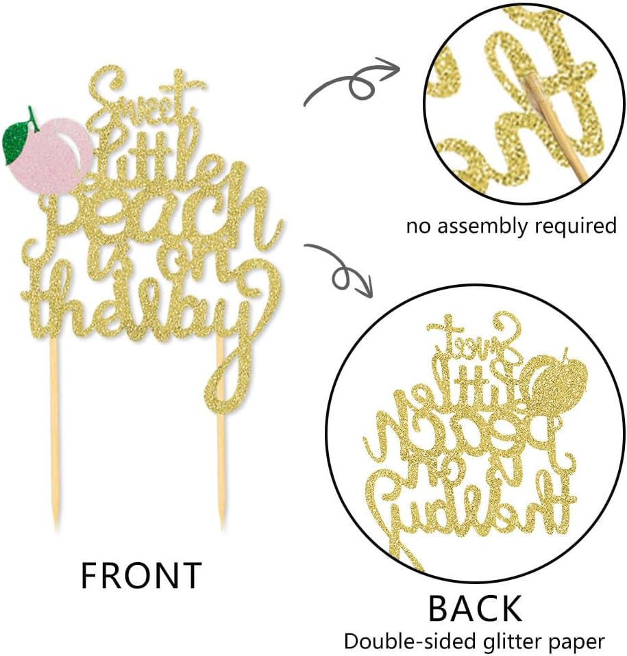 Glitter Peach Cake Topper, Sweet Little Peach is on The Way - Cake Picks for Peach Birthday Party Decorations Baby Shower