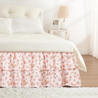 RIMELA Ruffle Bed Skirt Pink Rose Floral Queen 15 Inch Drop, Elastic Wrap Around Bed Skirting Queen Size, Easy to Install Dust Ruffle, Machine Washable Soft Fabric, Multi Ruffle Bedskirt