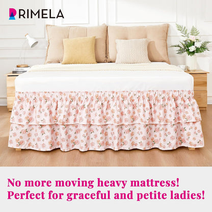 RIMELA Ruffle Bed Skirt Pink Rose Floral Queen 15 Inch Drop, Elastic Wrap Around Bed Skirting Queen Size, Easy to Install Dust Ruffle, Machine Washable Soft Fabric, Multi Ruffle Bedskirt