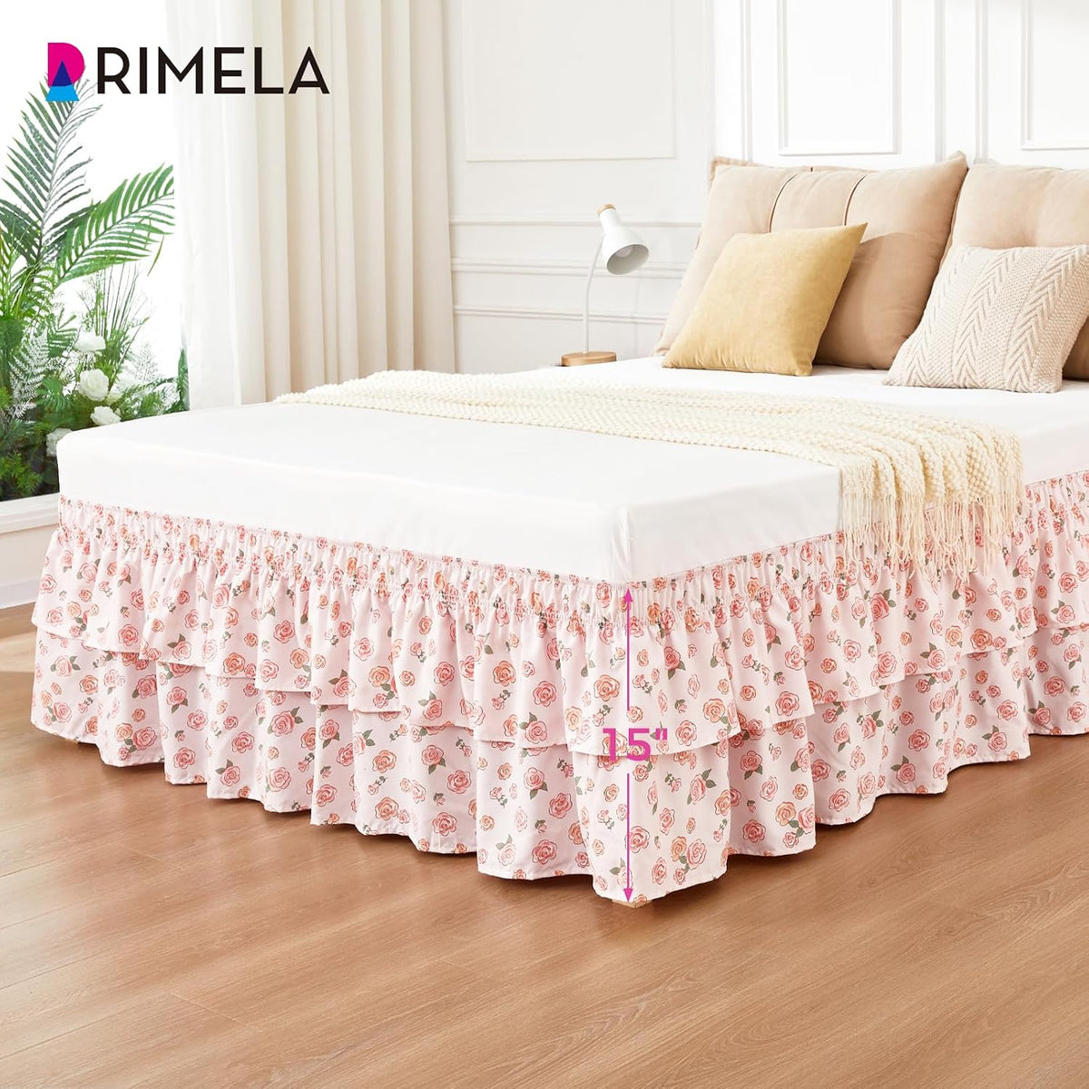 RIMELA Ruffle Bed Skirt Pink Rose Floral Queen 15 Inch Drop, Elastic Wrap Around Bed Skirting Queen Size, Easy to Install Dust Ruffle, Machine Washable Soft Fabric, Multi Ruffle Bedskirt