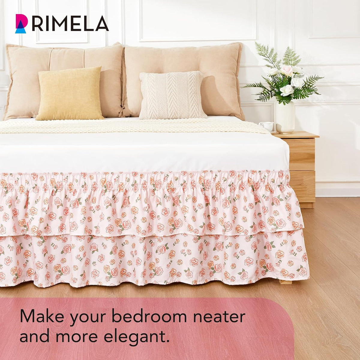 RIMELA Ruffle Bed Skirt Pink Rose Floral Queen 15 Inch Drop, Elastic Wrap Around Bed Skirting Queen Size, Easy to Install Dust Ruffle, Machine Washable Soft Fabric, Multi Ruffle Bedskirt