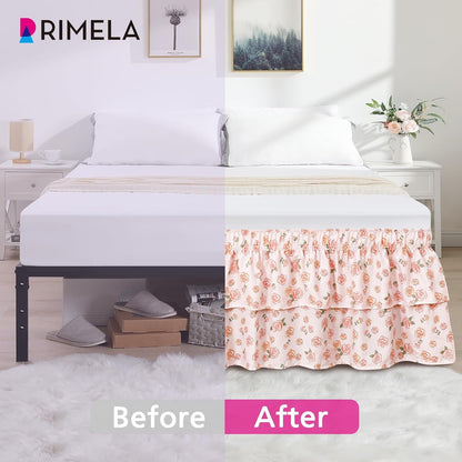 RIMELA Ruffle Bed Skirt Pink Rose Floral Queen 15 Inch Drop, Elastic Wrap Around Bed Skirting Queen Size, Easy to Install Dust Ruffle, Machine Washable Soft Fabric, Multi Ruffle Bedskirt