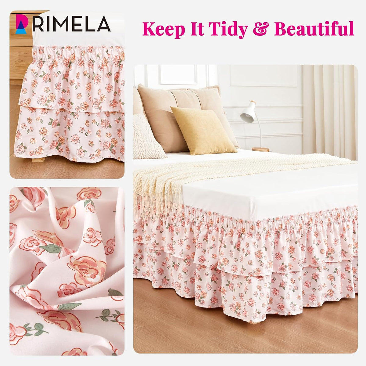 RIMELA Ruffle Bed Skirt Pink Rose Floral Queen 15 Inch Drop, Elastic Wrap Around Bed Skirting Queen Size, Easy to Install Dust Ruffle, Machine Washable Soft Fabric, Multi Ruffle Bedskirt
