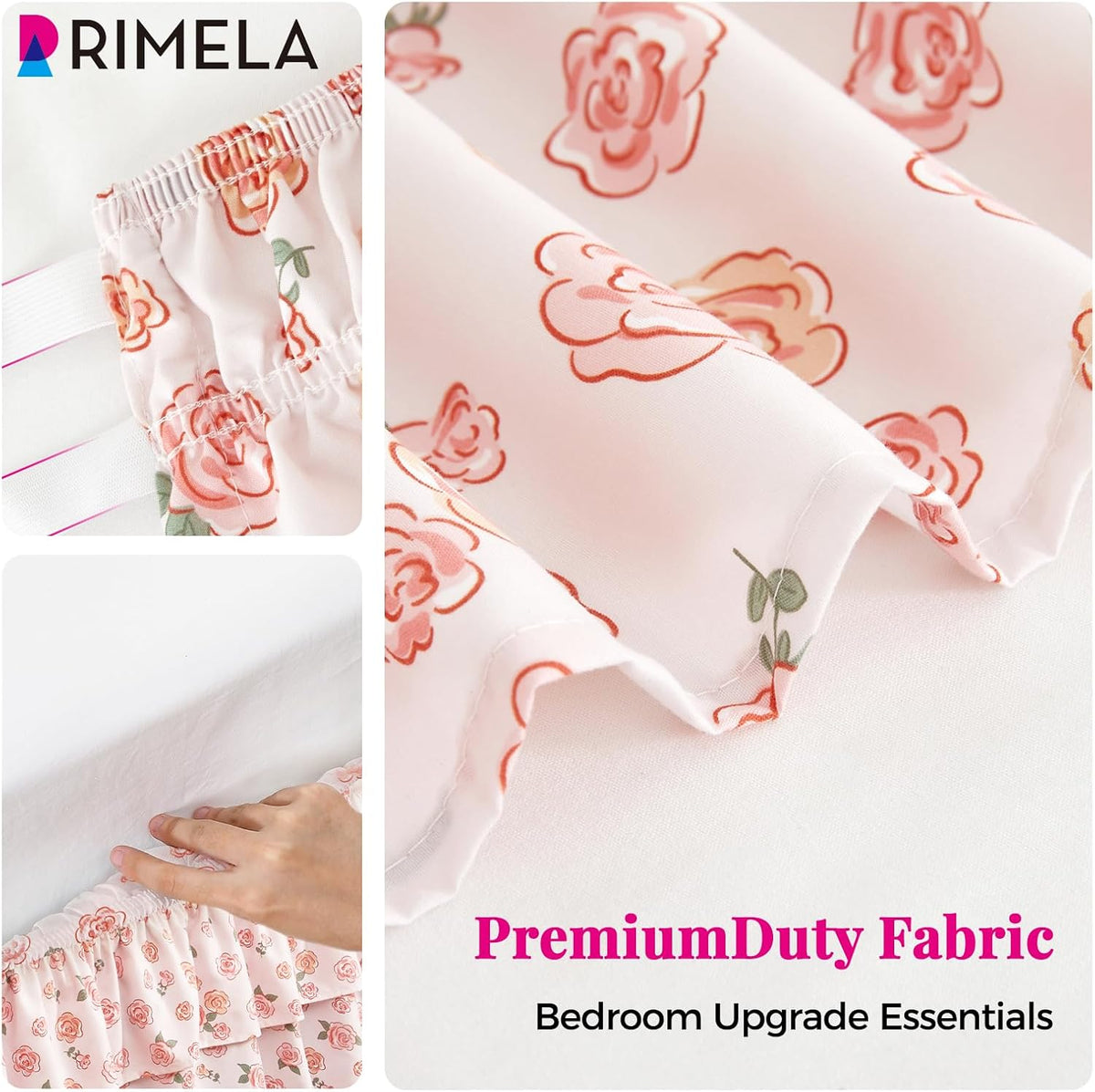 RIMELA Ruffle Bed Skirt Pink Rose Floral Queen 15 Inch Drop, Elastic Wrap Around Bed Skirting Queen Size, Easy to Install Dust Ruffle, Machine Washable Soft Fabric, Multi Ruffle Bedskirt