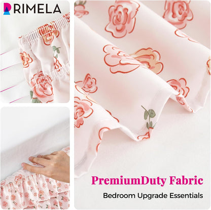 RIMELA Ruffle Bed Skirt Pink Rose Floral Queen 15 Inch Drop, Elastic Wrap Around Bed Skirting Queen Size, Easy to Install Dust Ruffle, Machine Washable Soft Fabric, Multi Ruffle Bedskirt