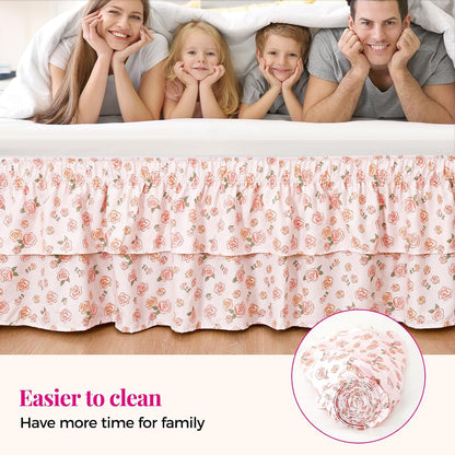 RIMELA Ruffle Bed Skirt Pink Rose Floral Queen 15 Inch Drop, Elastic Wrap Around Bed Skirting Queen Size, Easy to Install Dust Ruffle, Machine Washable Soft Fabric, Multi Ruffle Bedskirt
