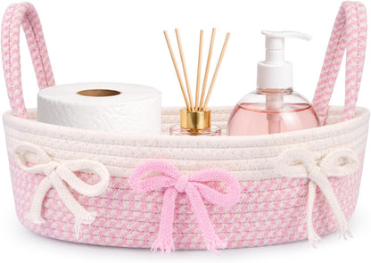 Toilet Bow Paper Basket–Woven Rope Pink Bow Decorative Bathroom Decor