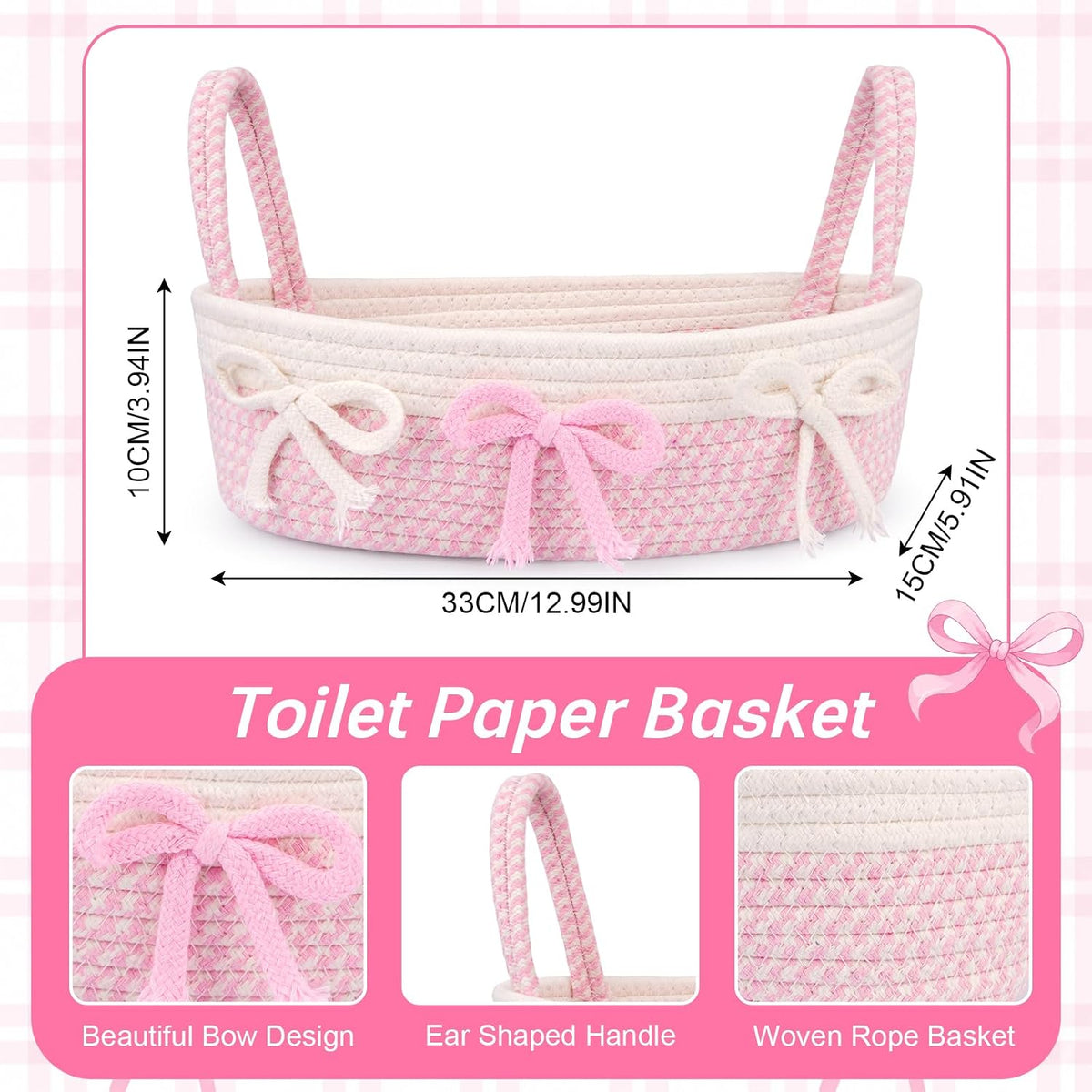 Toilet Bow Paper Basket–Woven Rope Pink Bow Decorative Bathroom Decor