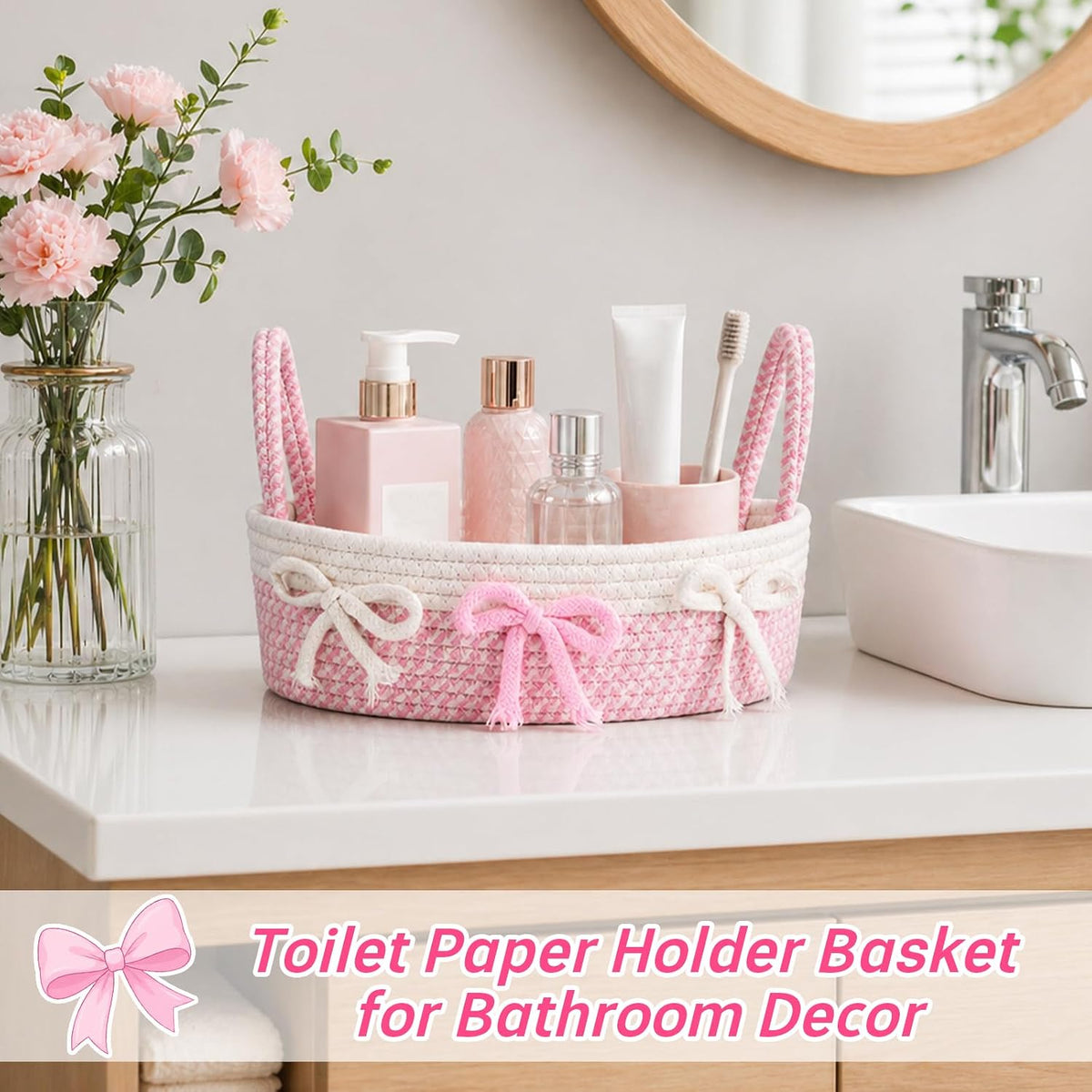 Toilet Bow Paper Basket–Woven Rope Pink Bow Decorative Bathroom Decor