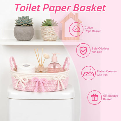 Toilet Bow Paper Basket–Woven Rope Pink Bow Decorative Bathroom Decor