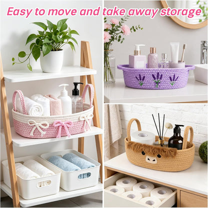 Toilet Bow Paper Basket–Woven Rope Pink Bow Decorative Bathroom Decor