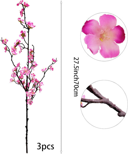 Artificial Plum Blossom Flowers 3pcs Faux Cherry Blossom Flower Silk Peach Flowers Plum Blossom Branches for Spring Summer Decor Home Wedding Party Table Centerpieces(Pink)