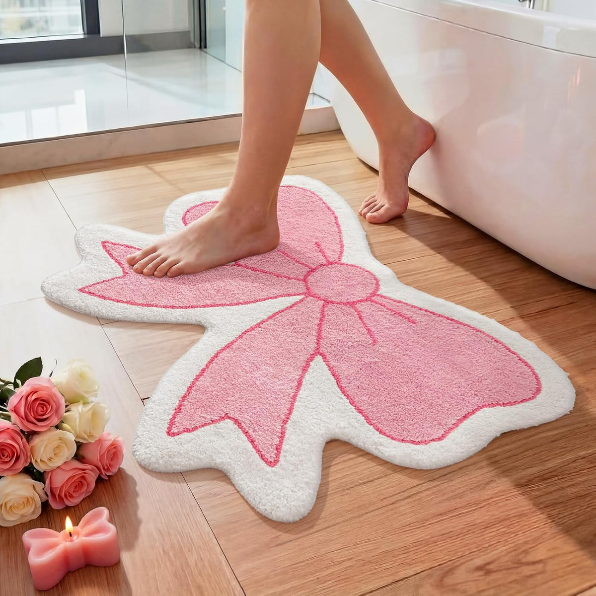 Pink Bow Bathroom Rug, 21" x 28", Pink Cream