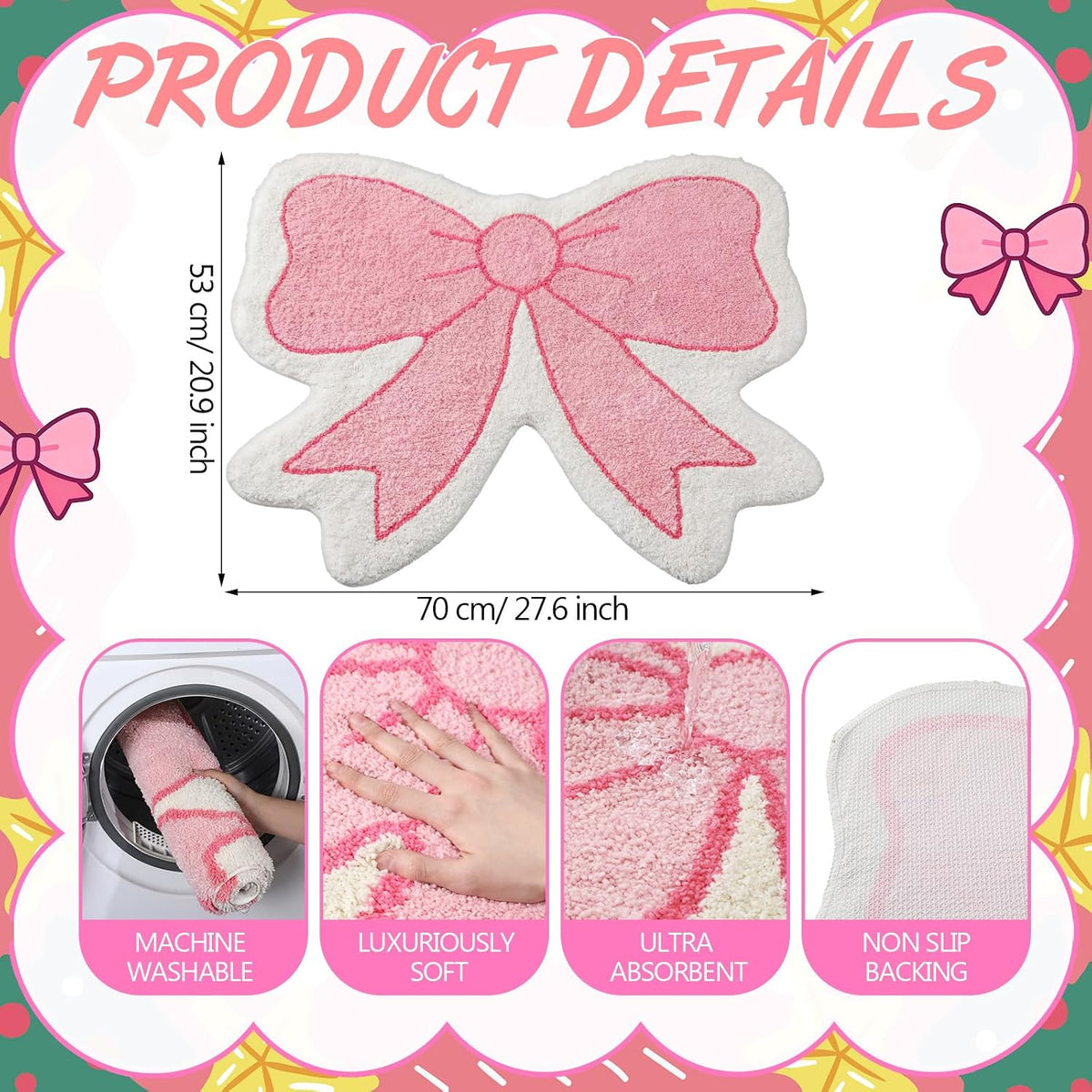 Pink Bow Bathroom Rug, 21" x 28", Pink Cream