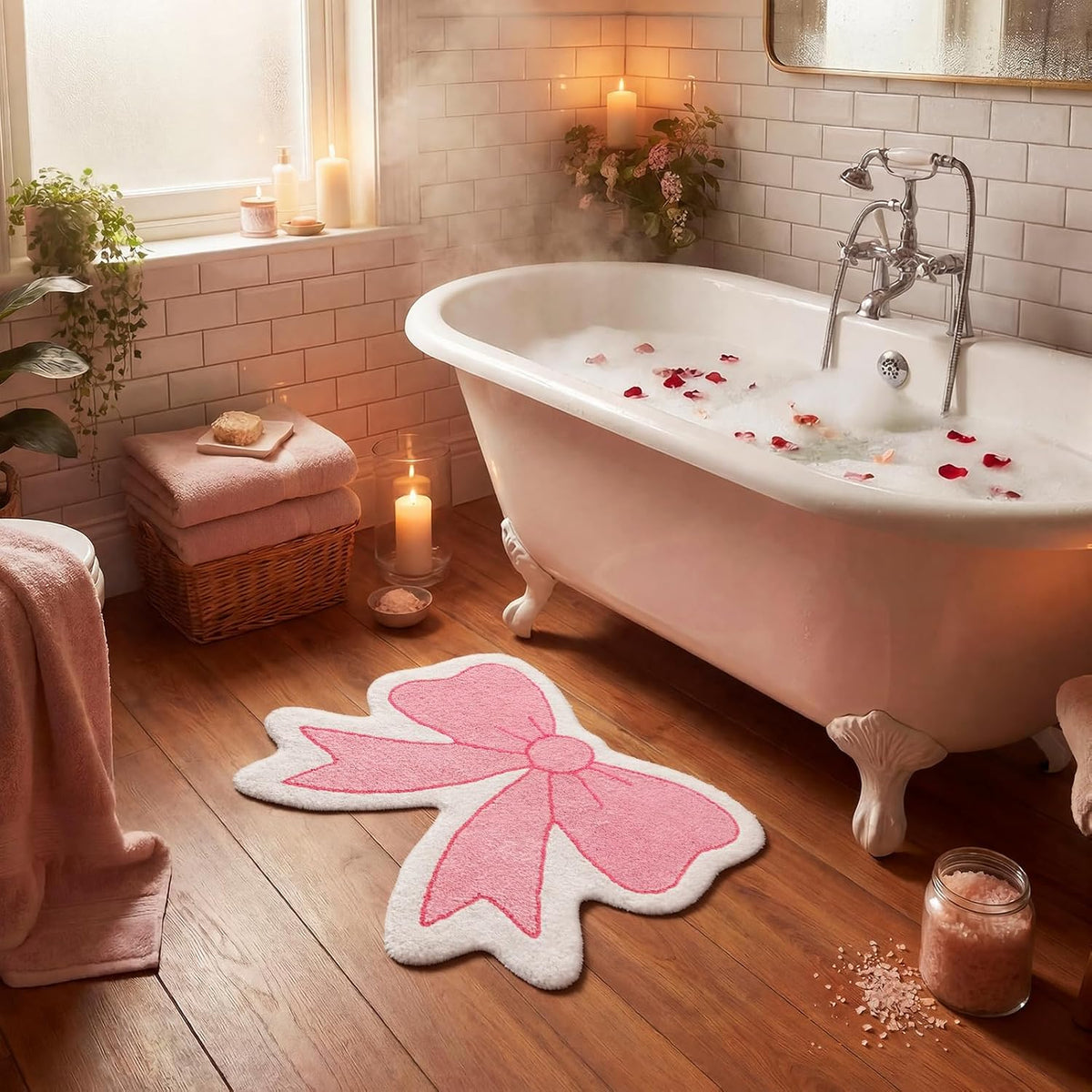 Pink Bow Bathroom Rug, 21" x 28", Pink Cream