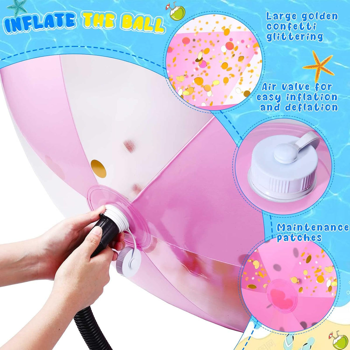 Giant Pink Glitter Inflatable Beach Ball with Repair Tape